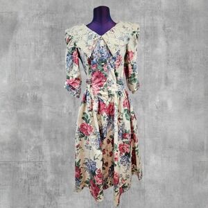 Clues Collections Vintage Floral Lace Collar Cottagecore Dress Cotton Size 8 C21